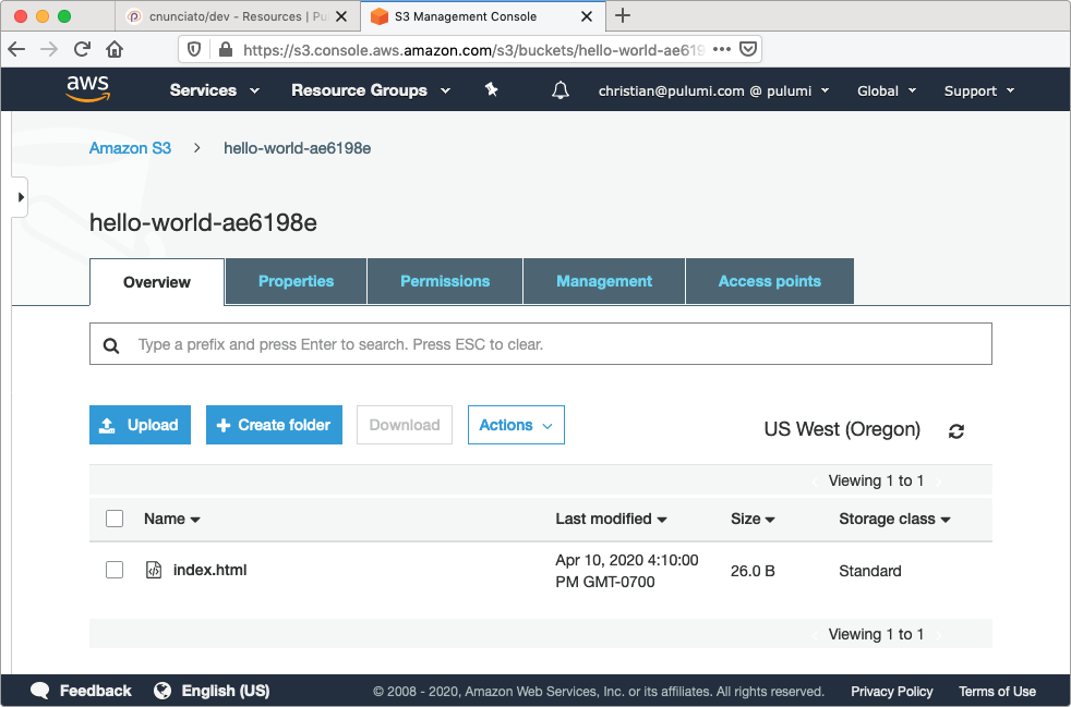 Figure 1.6: The bucket and bucket object, as seen in the AWS Management Console.