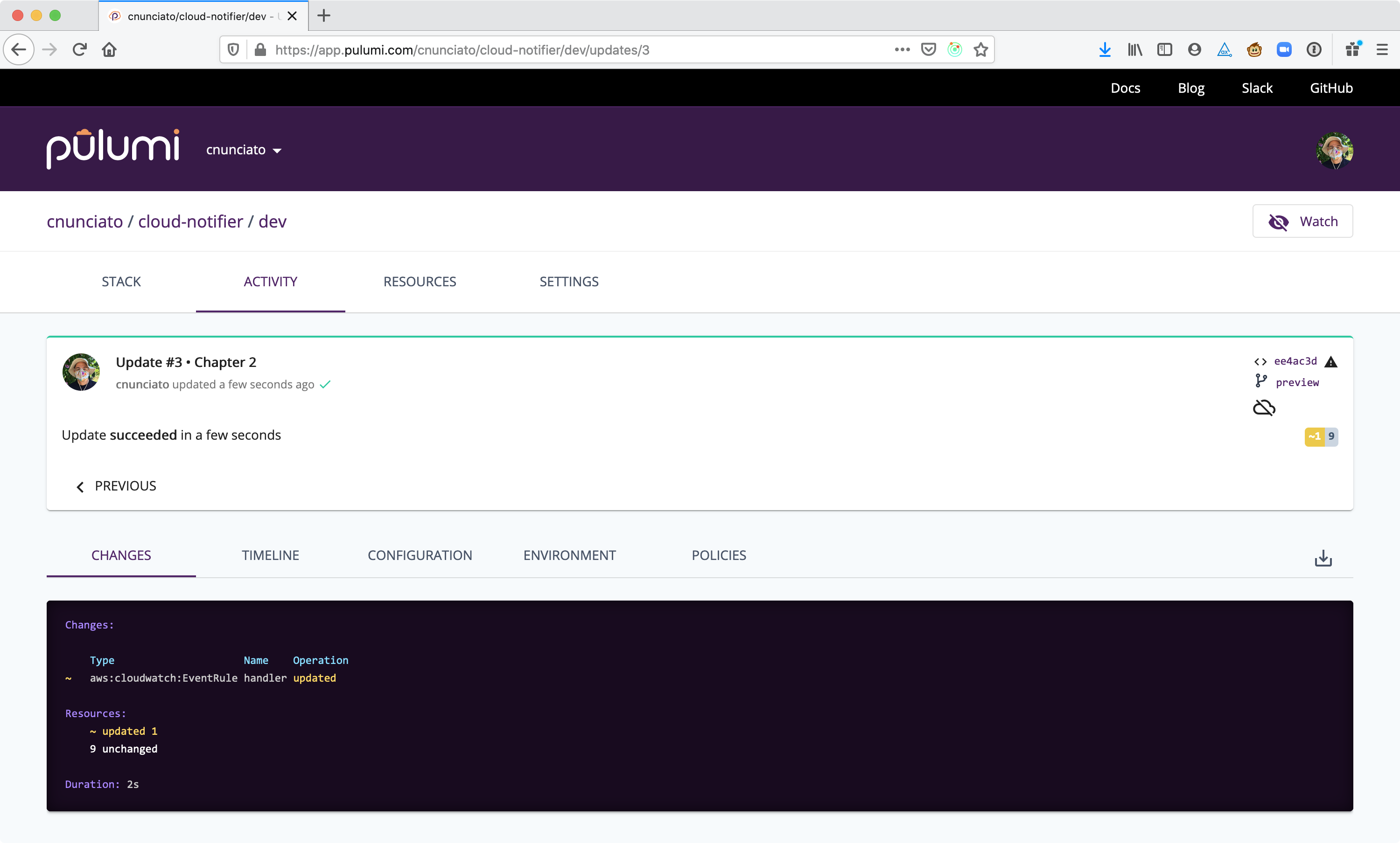 Figure 2.5: The Changes tab of the Pulumi Cloud console, showing the cloud-notifier/dev stack's most recent update.