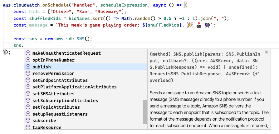 Figure 2.3: Using the AWS SDK for JavaScript to publish a message to the topic.