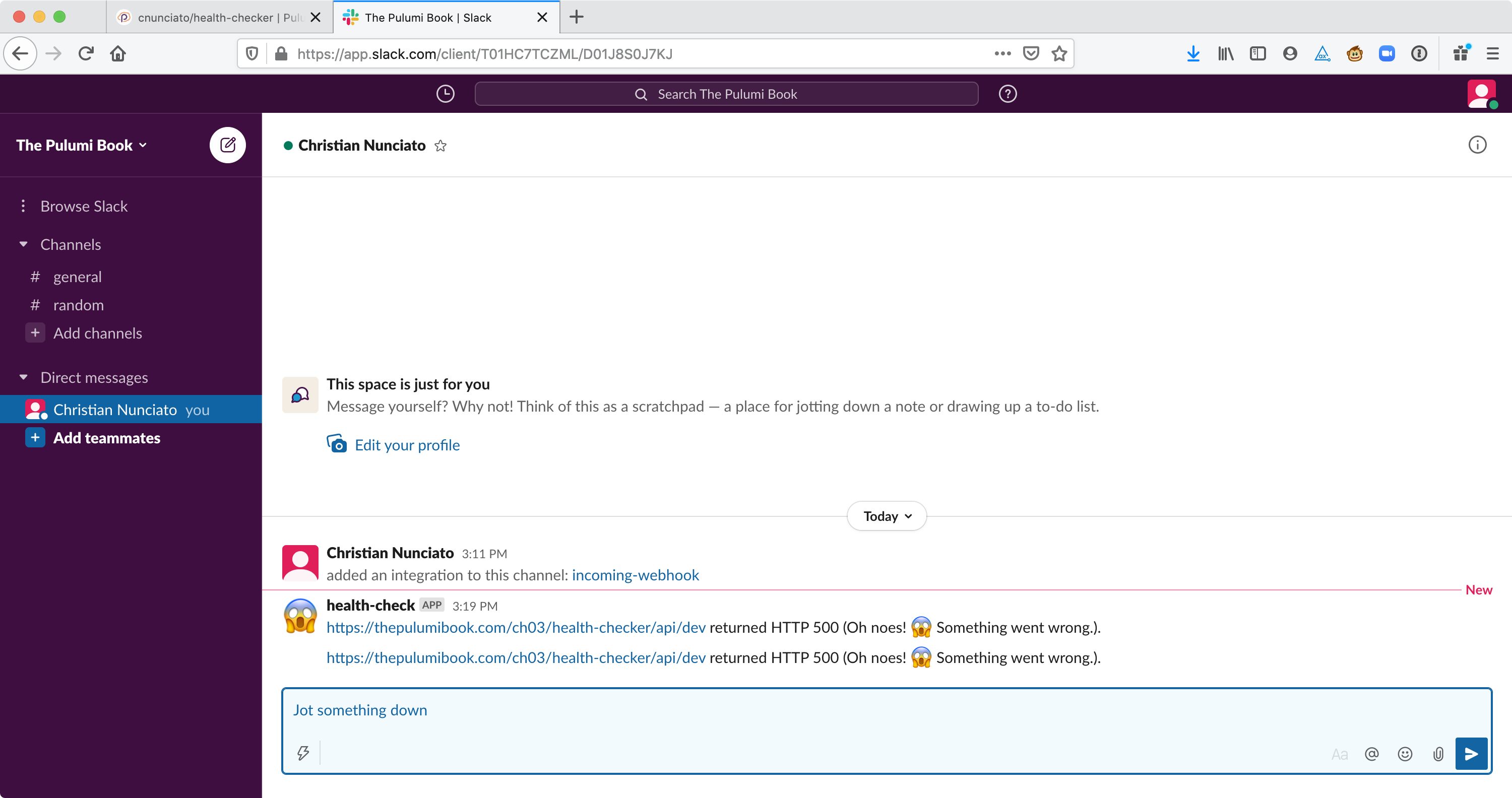 Figure 3.8: Successfully dispatching failure notifications to Slack.