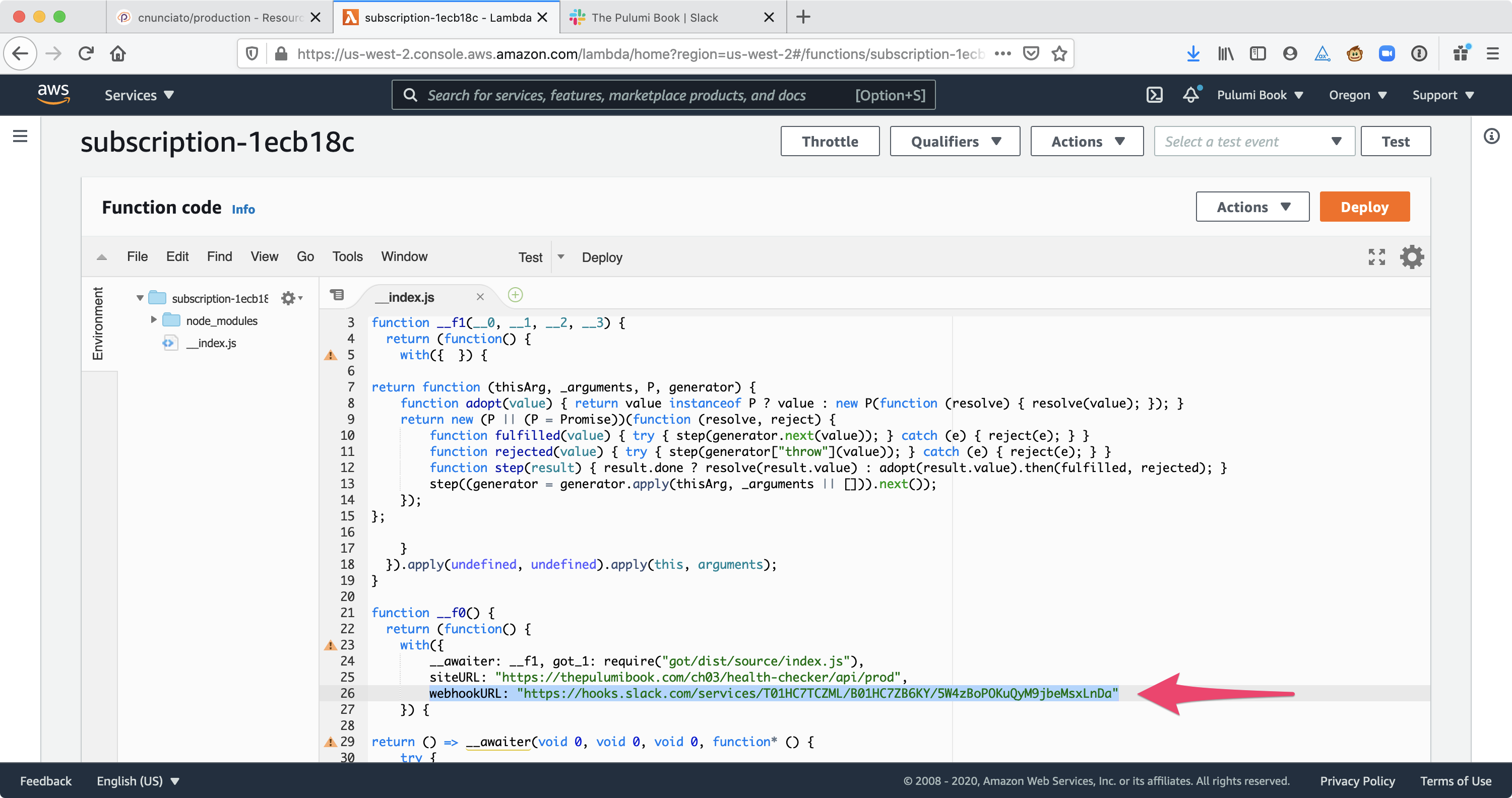 Figure 3.10: The plain-text value of the Slack Webhook URL, as seen in the AWS Console.