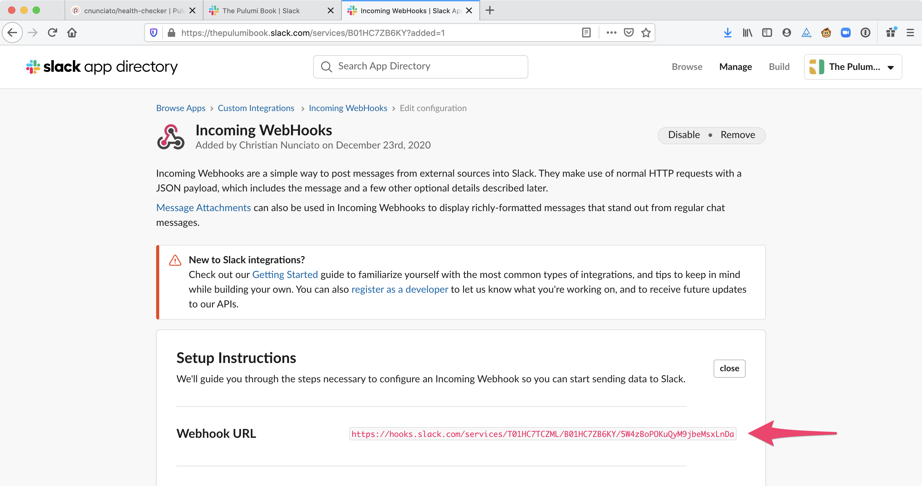 Figure 3.7: Creating and configuring an Incoming Webhook with Slack.