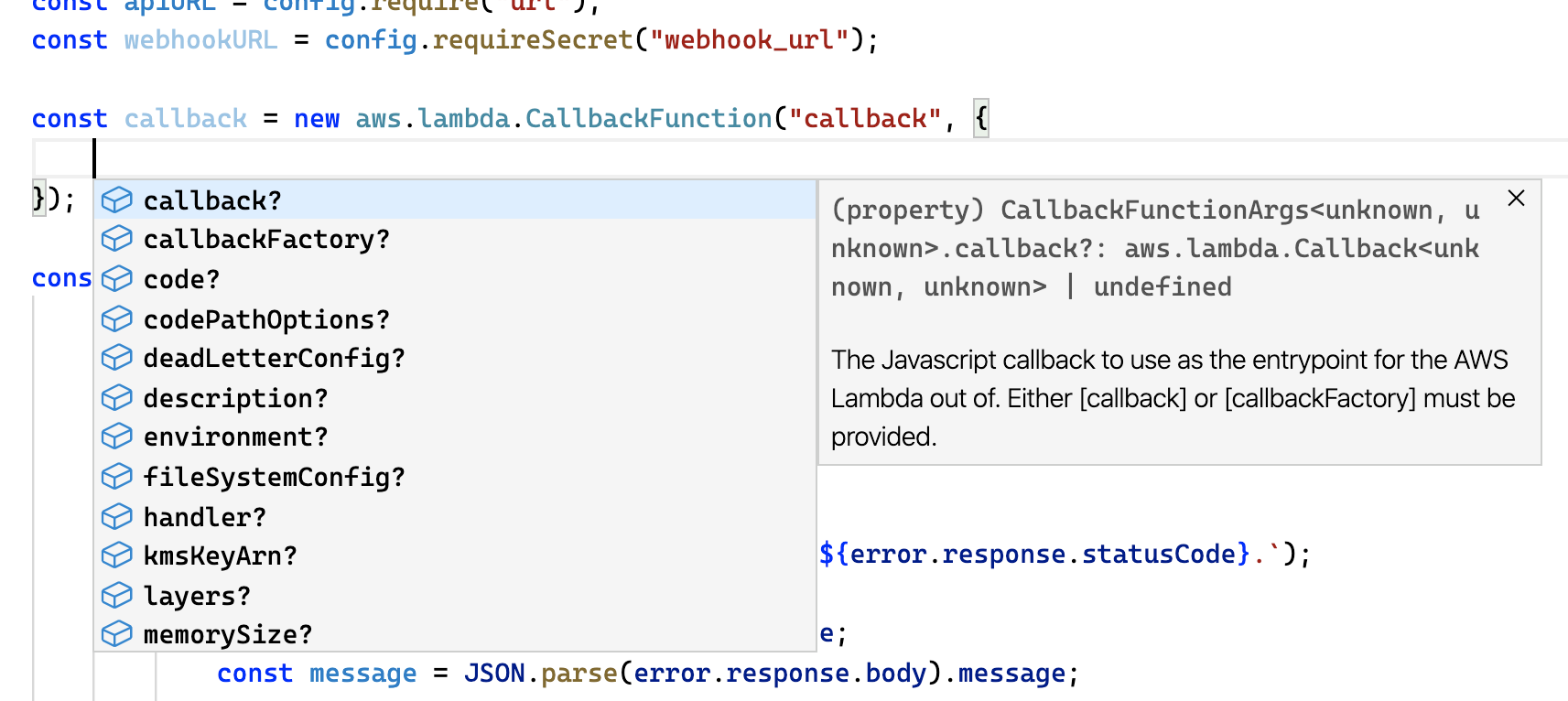 Figure 4.7: Declaring the callback instead as an aws.lambda.CallbackFunction.