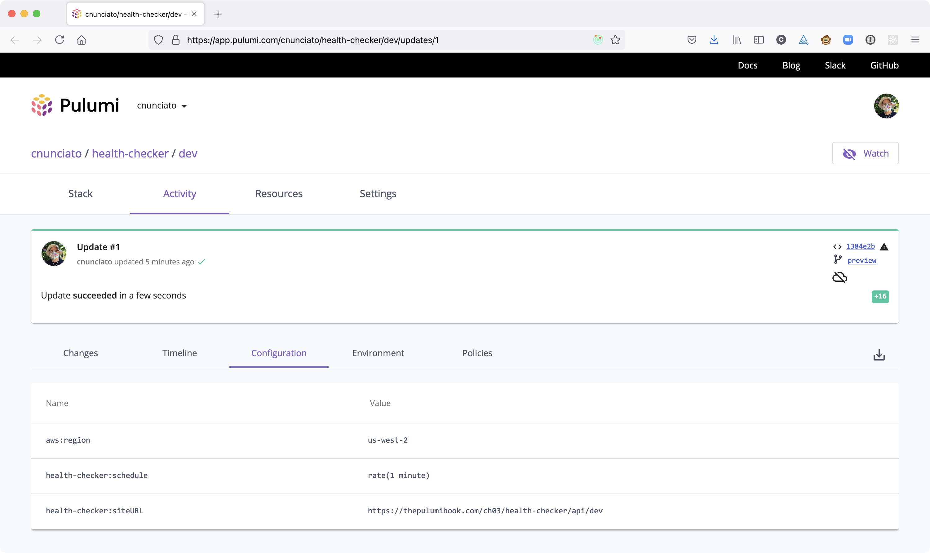 Figure 4.1: The Configuration tab of the dev stack, showing two new configuration items.