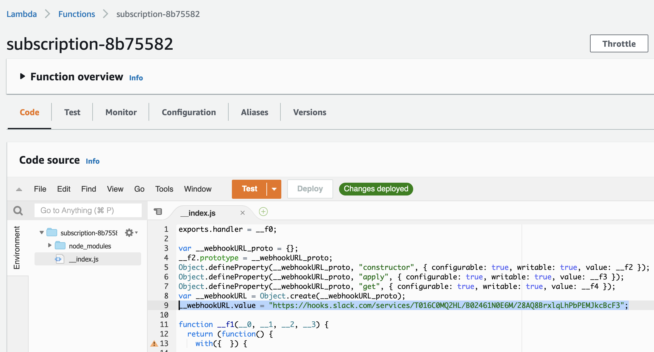 Figure 4.5: The Webhook URL value baked into the Lambda function.